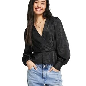 New Look Black Patterned Wrap Blouse With Peplum Hem, Size US 4